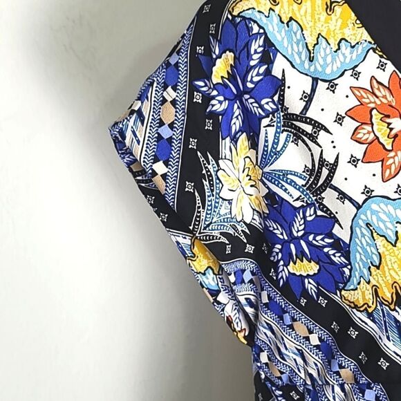 Laundry by Shelli Segal Blue & Yellow Floral Dress with Black Trim, Size Medium - Picture 6 of 8